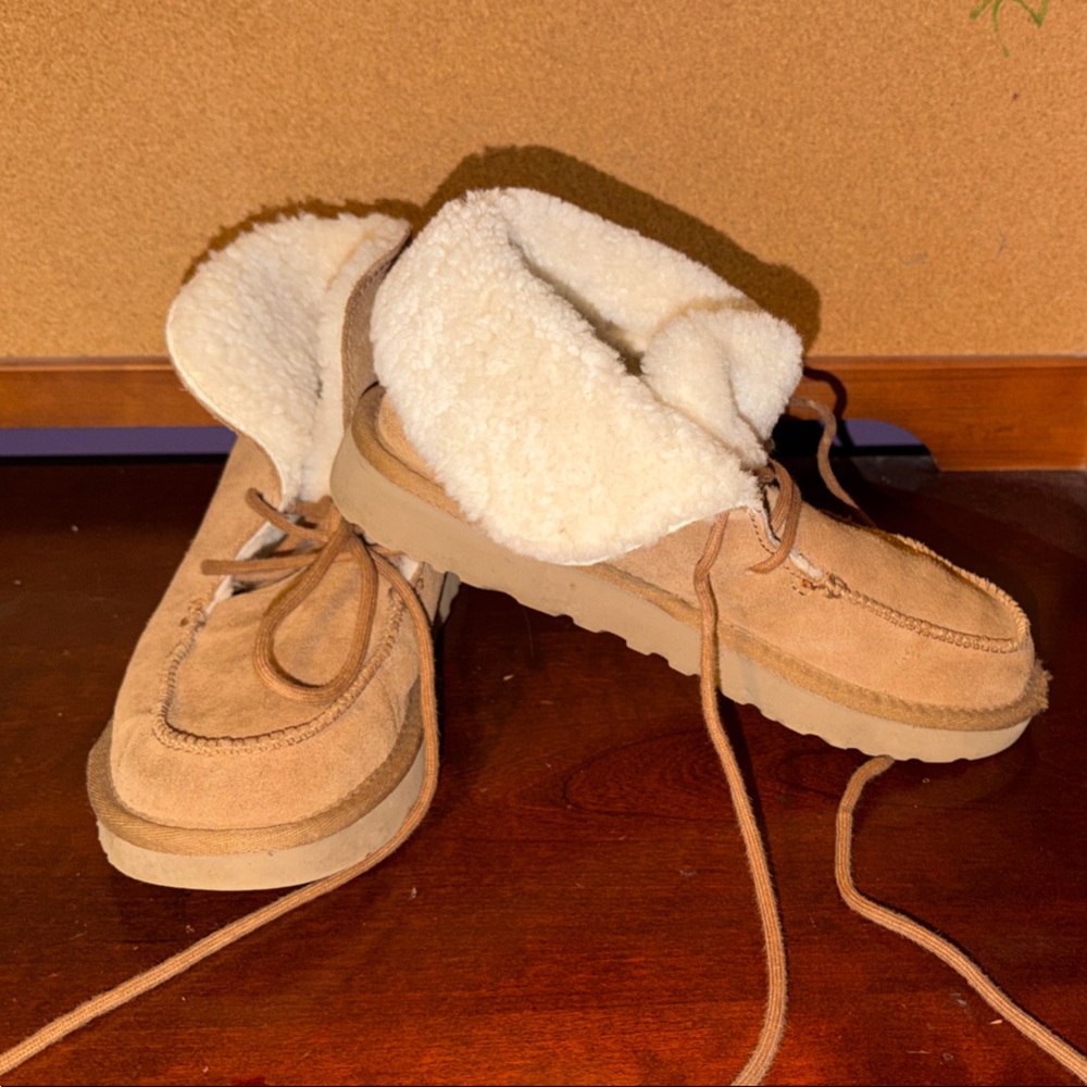 UGG Chestnut Suede Shearling Cuff Lace-Up Boots